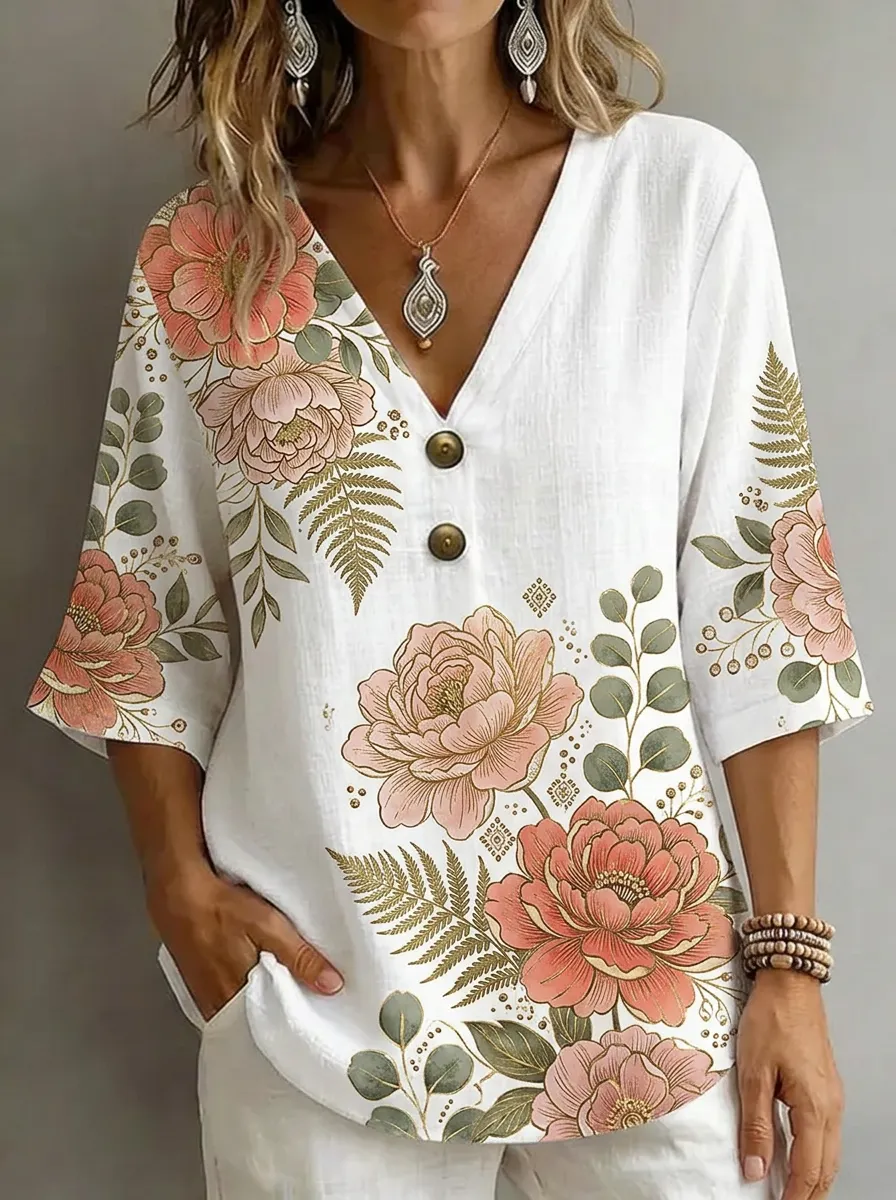 Women's Nashville Floral Fern Printed V-Neck Button Top
