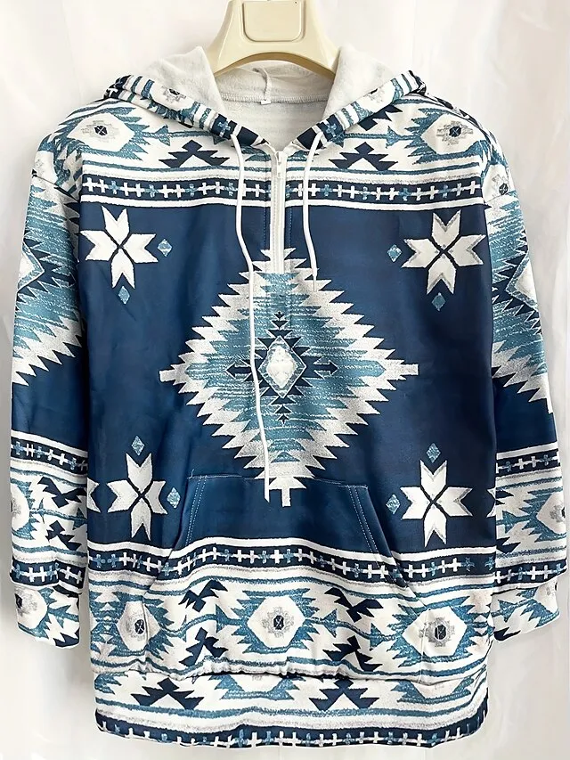 Women's Hoodie Sweatshirt Pullover Vintage Sports Basic Zipper Drawstring Front Pocket Light Yellow Creamy-white smoke grey Geometric Tribal Aztecs Street Casual Hoodie Long Sleeve Top Micro-elastic