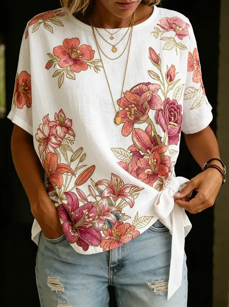Women's Nashville Floral Botanical Printed Tie-Side Top