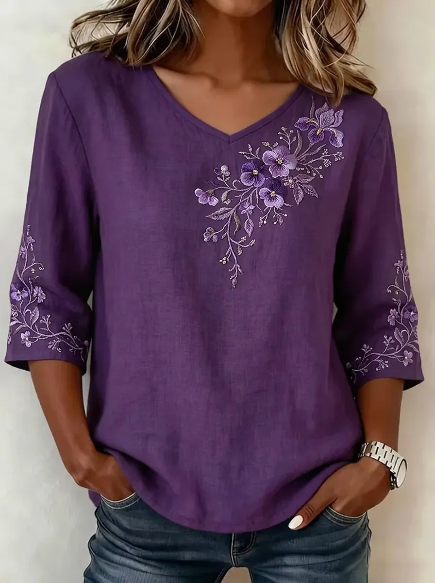 Women's Nashville Floral Embroidery Printed V-neck Top