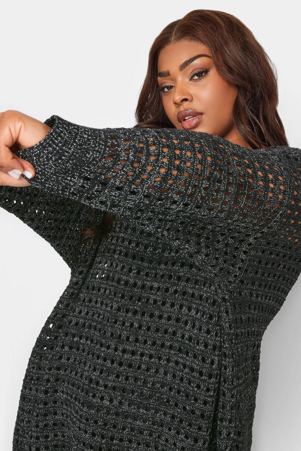 YOURS Curve Black & Silver Side Split Crochet Jumper