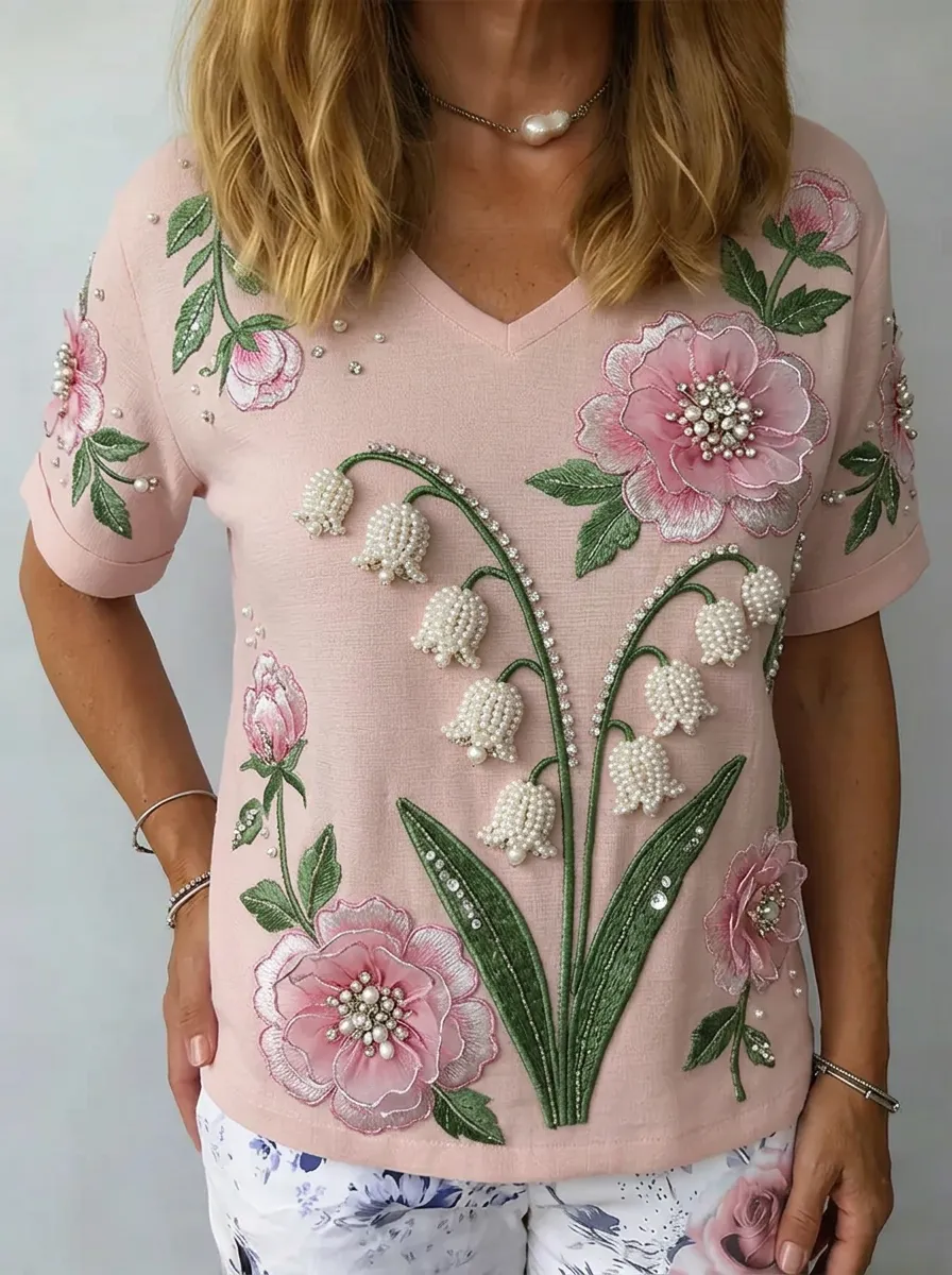 Women's Nashville Floral Lily of the Valley Beaded Embroidered Printed Top