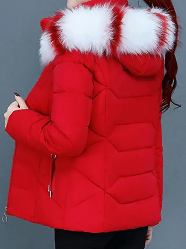 Women's Parka Cropped Puffer Jacket Winter Coat Zip up Hooded Coat with Removable Fur Collar Thermal Warm Heated Coat Fall Outerwear with Pockets Warm Classic Long Sleeve Blue