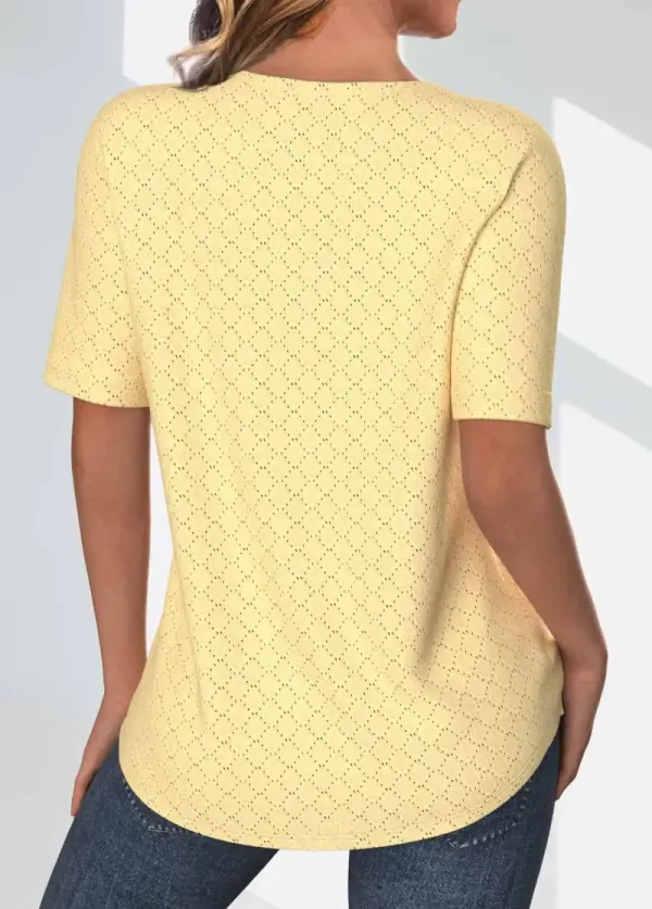 Light Yellow Jacquard Short Sleeve Round Neck T Shirt