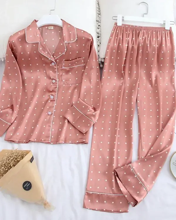 Long Sleeve Pajamas Ice Silk Printing Fashion Sleepwear Set