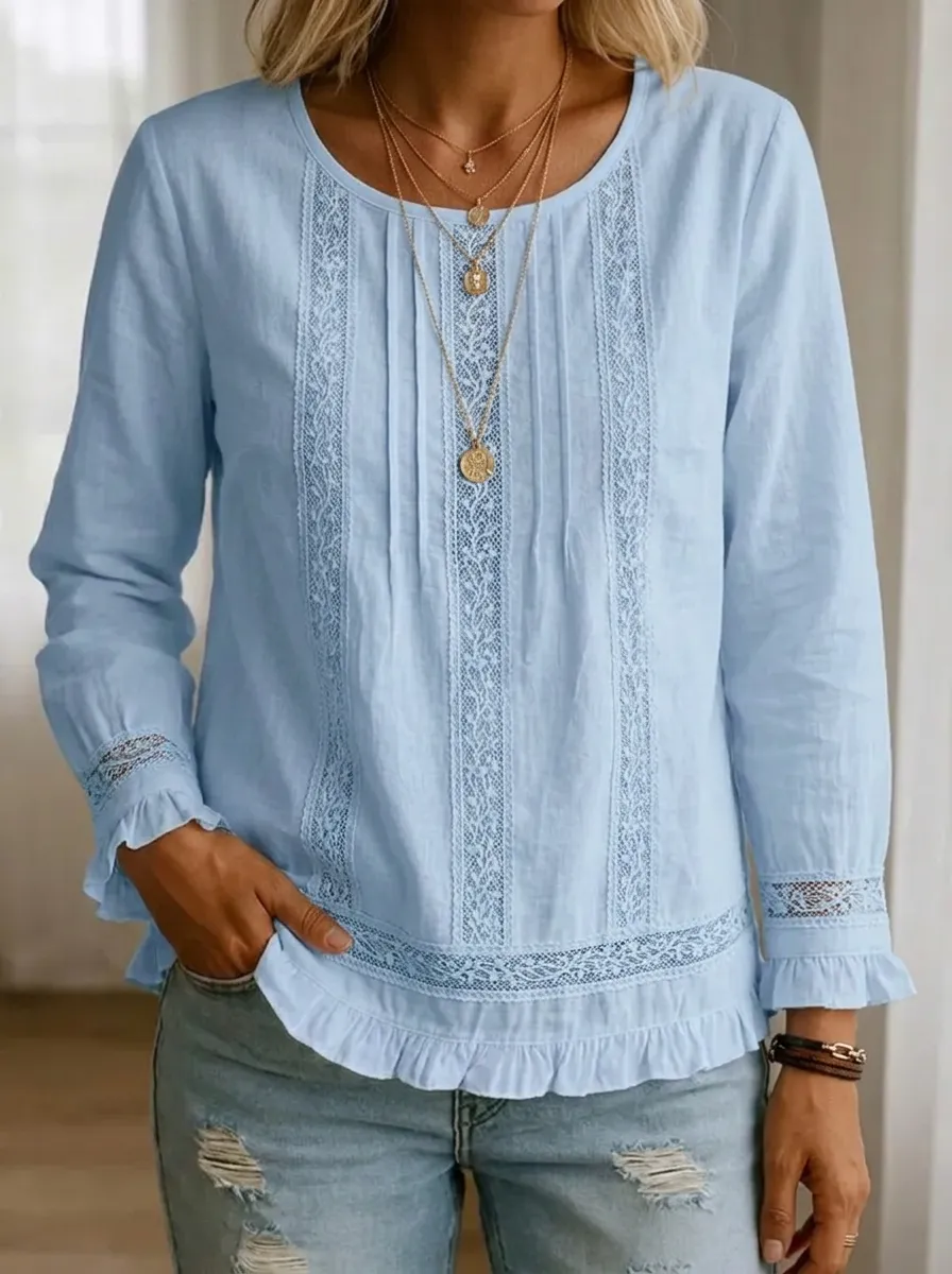 Women's Nashville Country Style Lace Trimmed Ruffled Long Sleeve Top