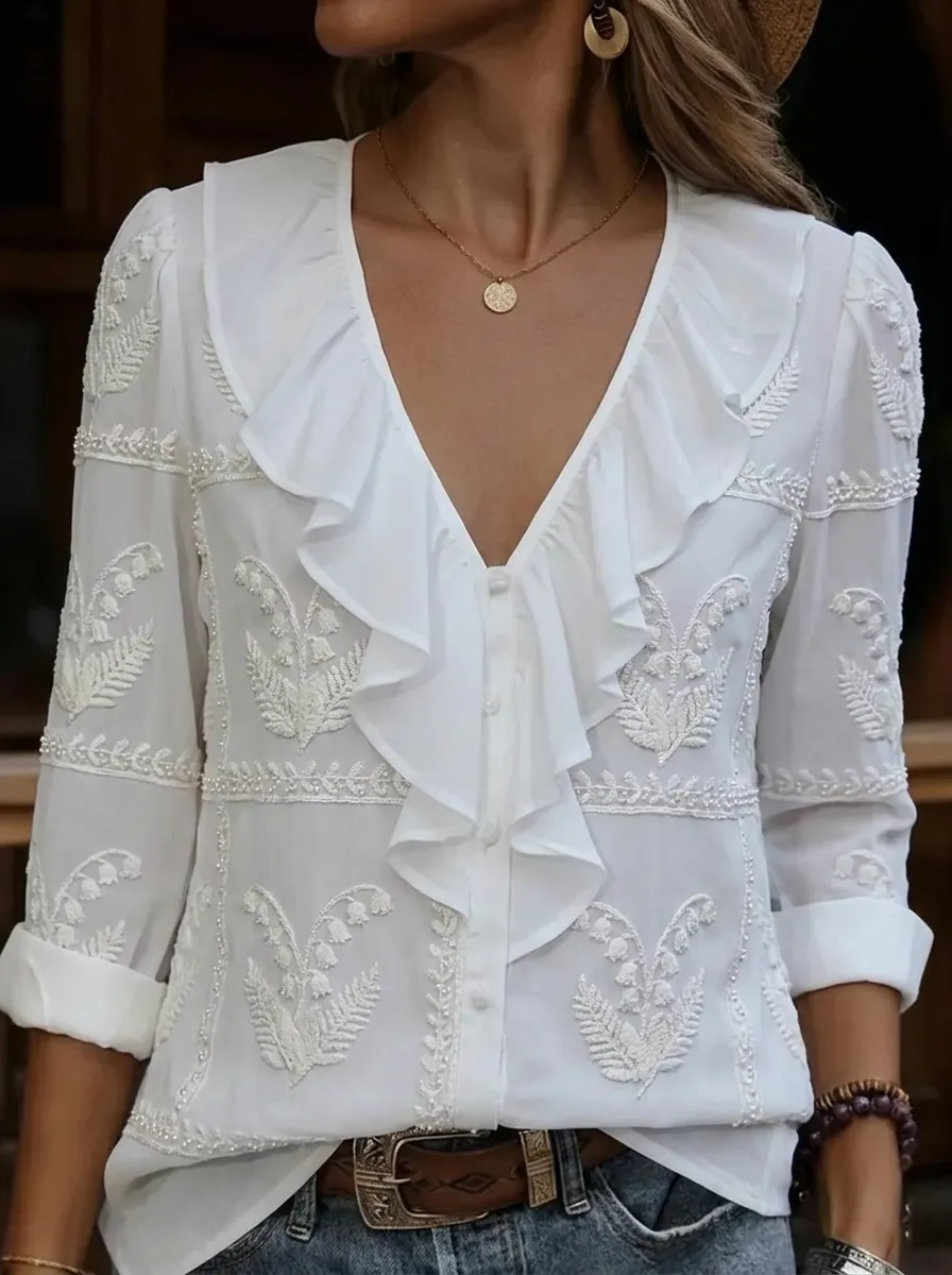 Women's Nashville Floral Embroidery Ruffle Trim Printed Blouse