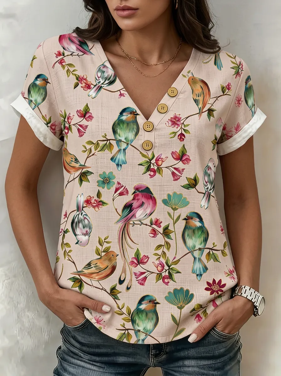 Women's Nashville Nature Lover Bird Floral Printed V-neck Top