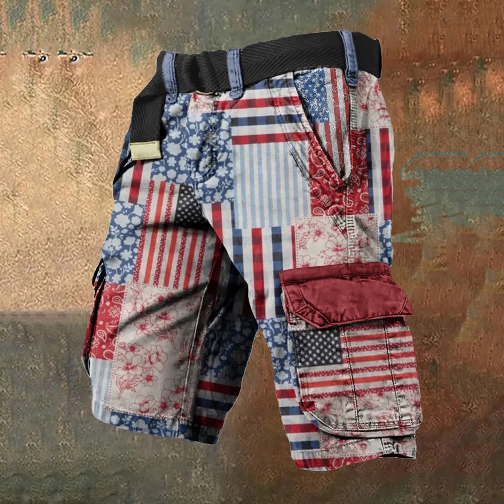 Men's Vintage Flag Independence Day Flag Patchwork Patch print Cargo Shorts