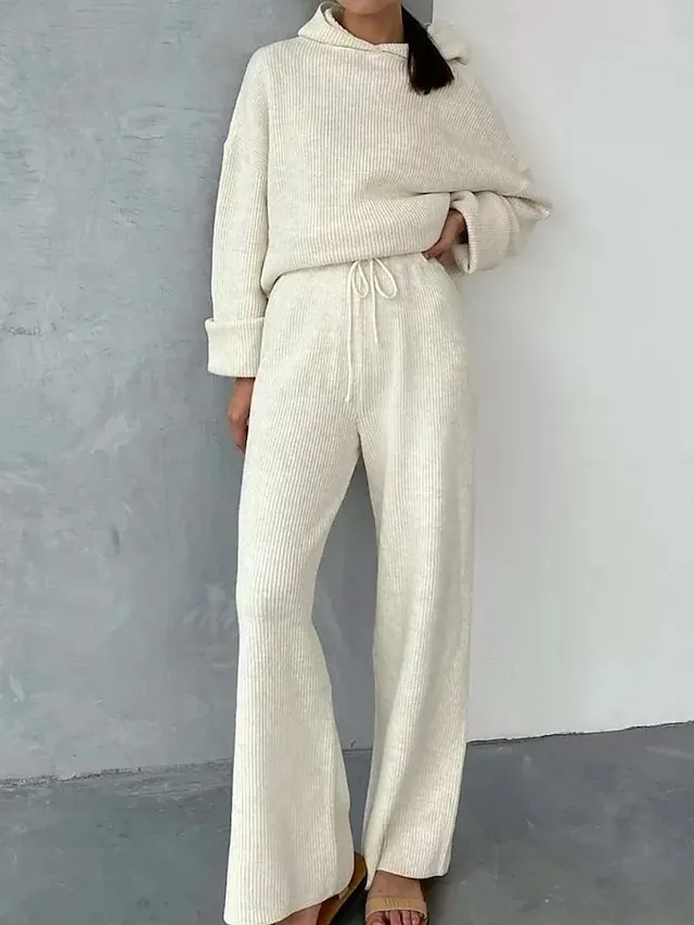 Women's Fashion Streetwear Daily Hoodie Sweatpants Long Sleeve Crew Neck Plain Drawstring Casual Daily Black White Blue Fall Regular Fit