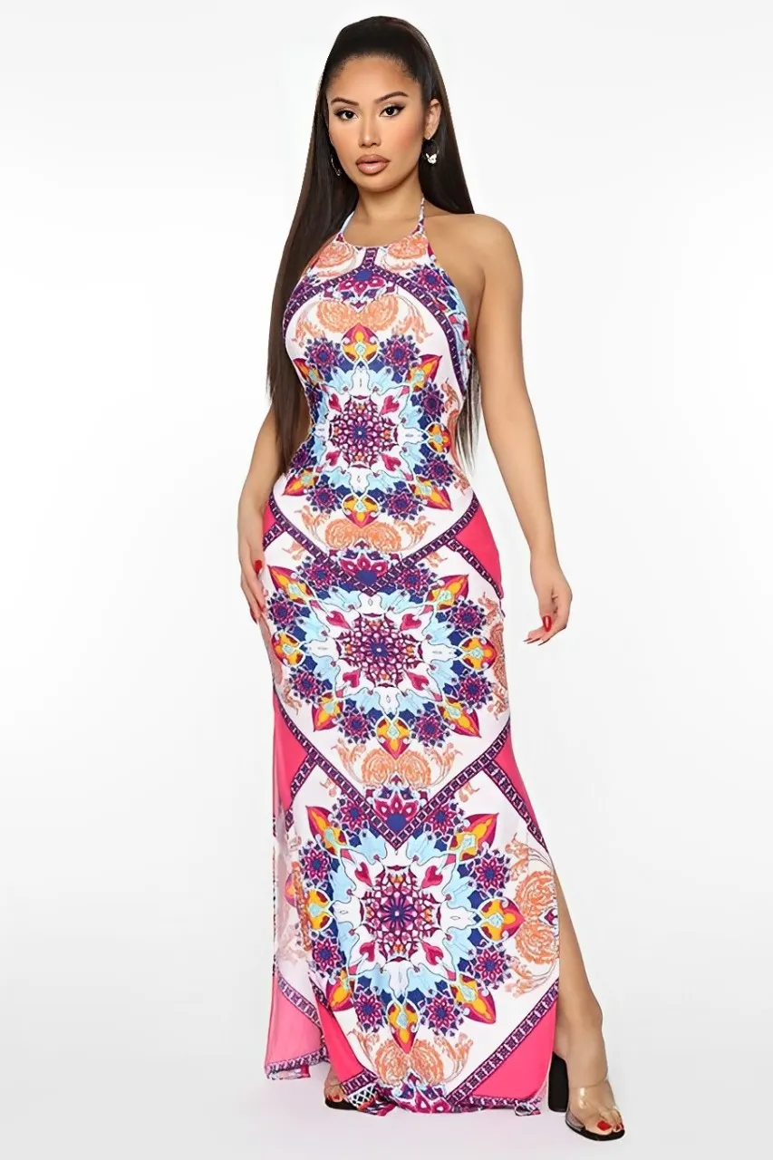 Double Vision Halter Maxi dress - Fuchsia/combo