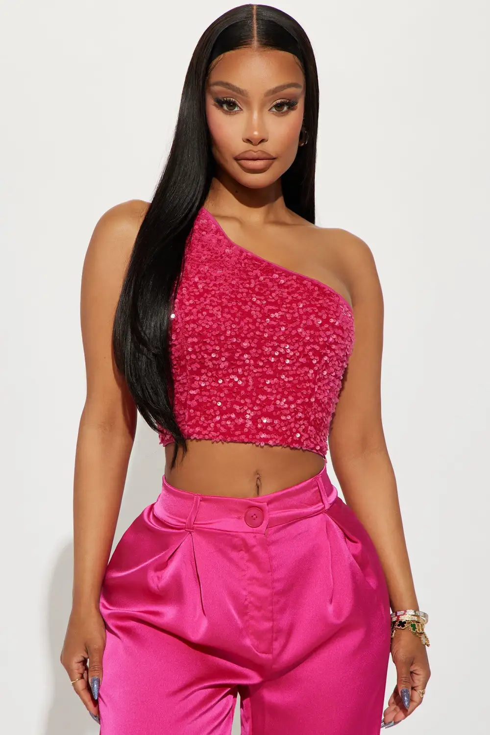 Sophia Sequin One Shoulder Top - Hot Pink