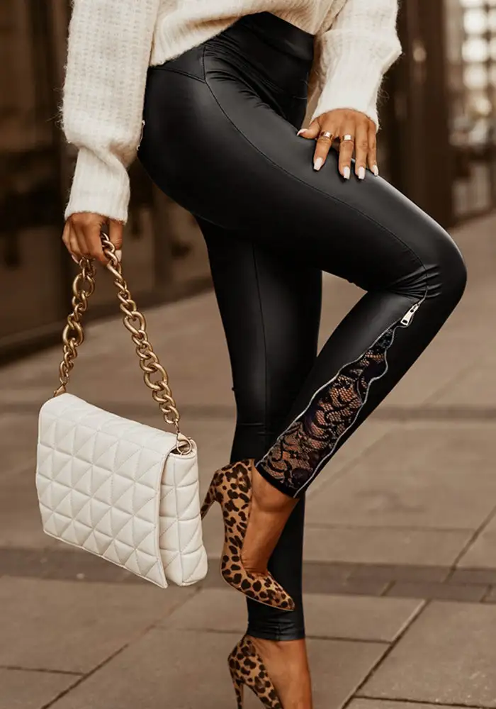 Montana Lace Zipper Skinny PU Leather Pants