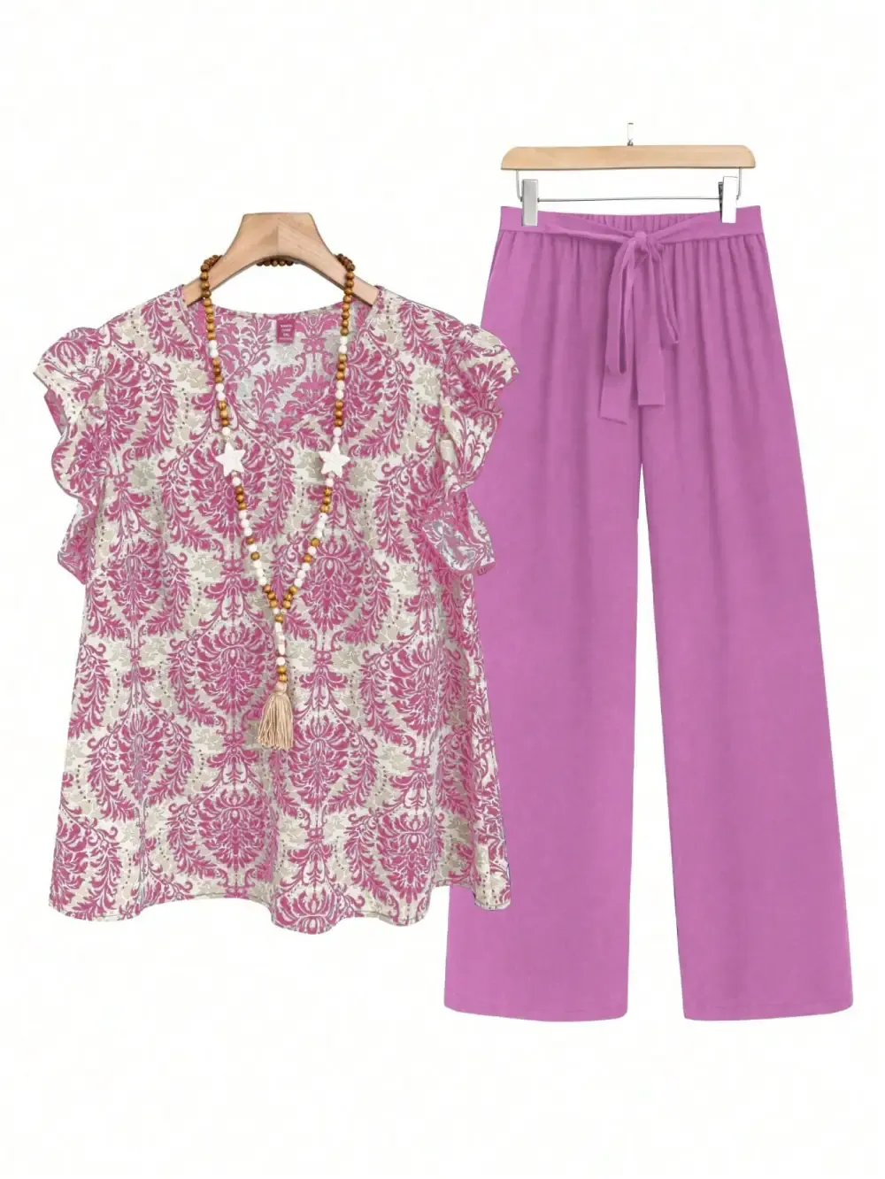 Plus Size Women's Plant Printed Round Neck Flare Sleeve Top And Pants Set