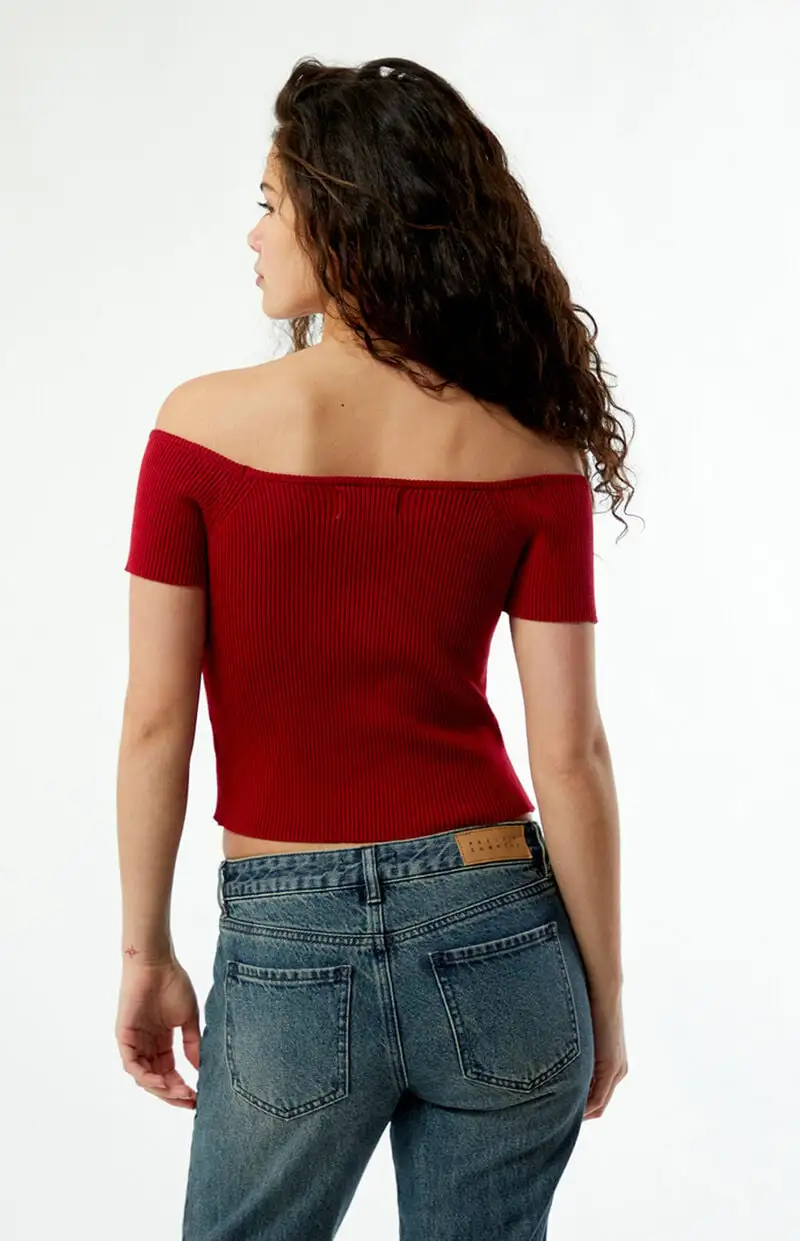 LA Hearts Off-The-Shoulder Button Front Sweater