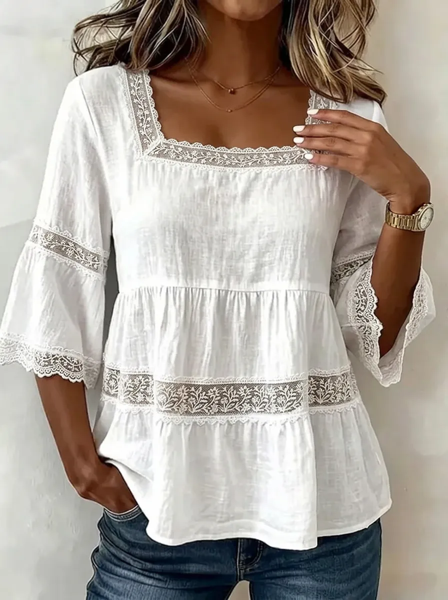 Women's Nashville Country Style Lace Trimmed Printed Top