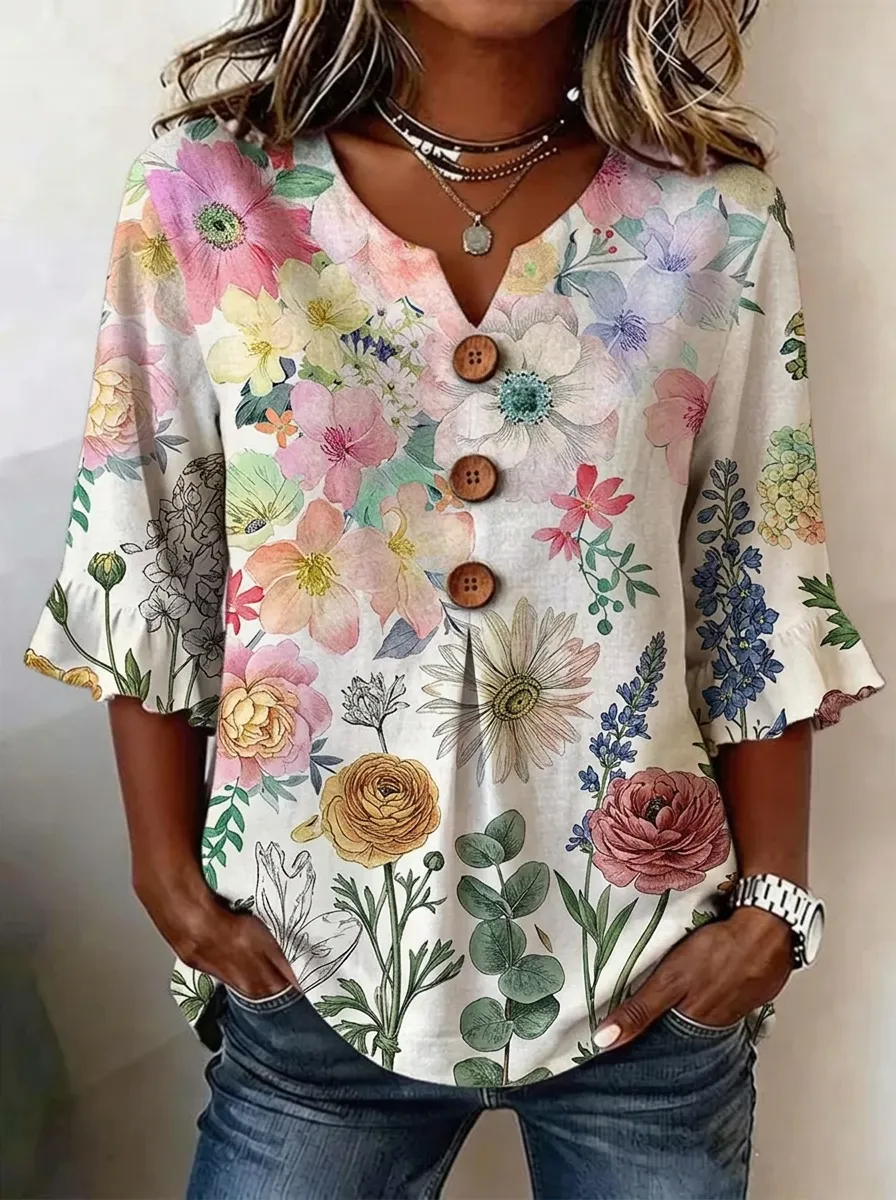 Women's Nashville Floral Botanical Printed V-Neck Button Top