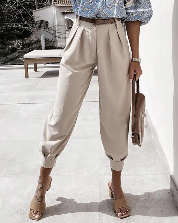 Pleated Detail Button Decor Crop Pants Without Belt