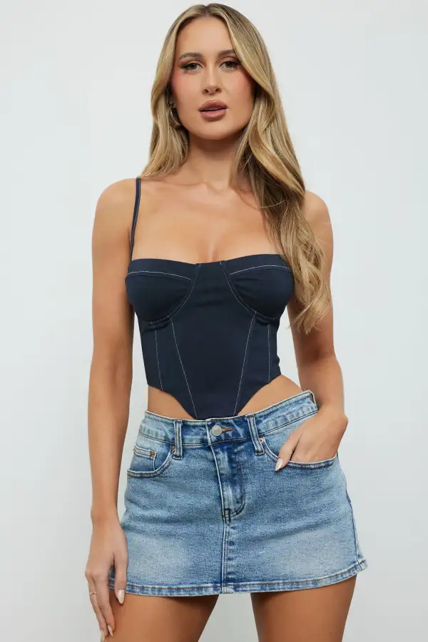 Carmen Knit Denim Corset Top - Navy