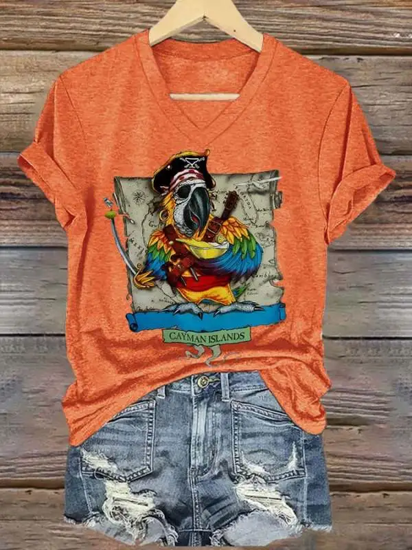 Women's V-neck short-sleeved printed T-shirt