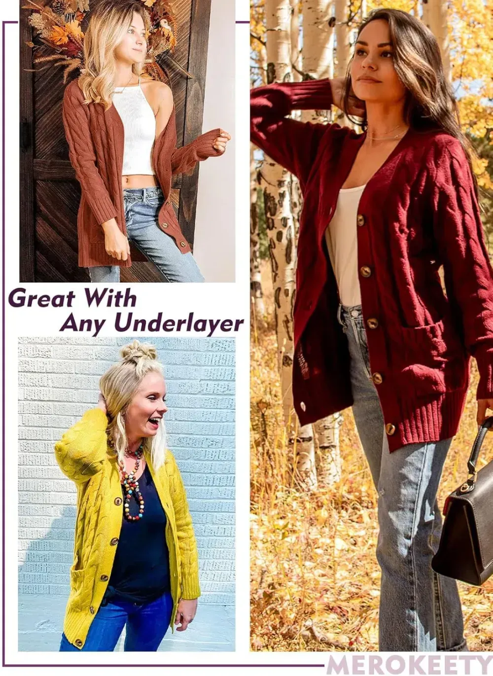 MEROKEETY Women's 2024 Fall Long Sleeve Cable Knit Sweater Open Front Cardigan Button Loose Outerwear