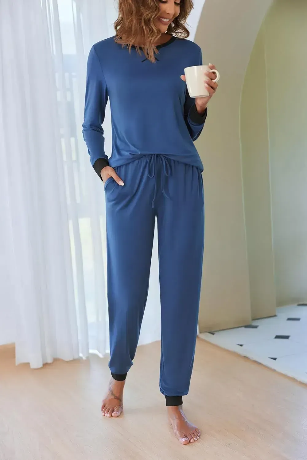 Women's Pajamas Sets Long Sleeve with Plaid Pants Soft Sleepwear O Neck 2 Piece Pjs Joggers Loung Set with Pockets