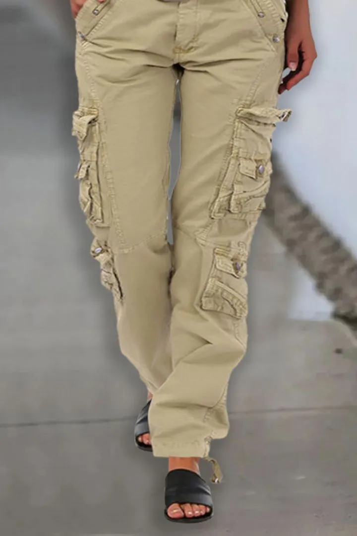 Drawstring Hem Flap Pocket Cargo Pants Without Belt