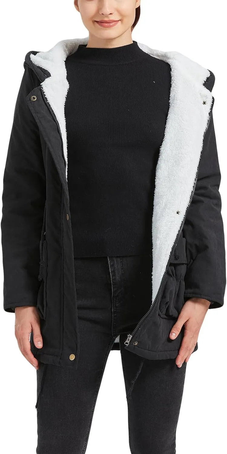 Women's Winter Mid Length Thick Warm Faux Lamb Wool Lined Jacket Coat