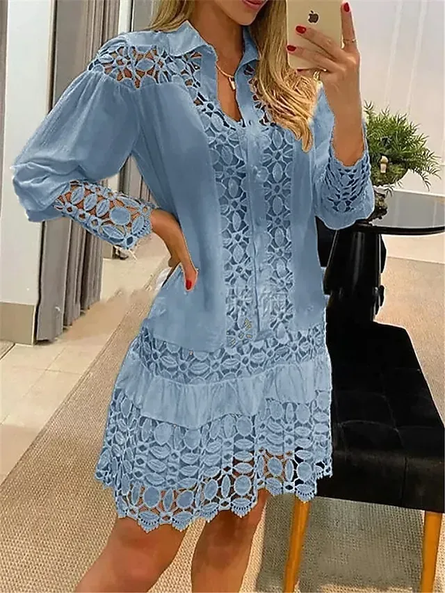 Women's Lace Shirt Dress Casual Dress Cotton Linen Dress Mini Dress