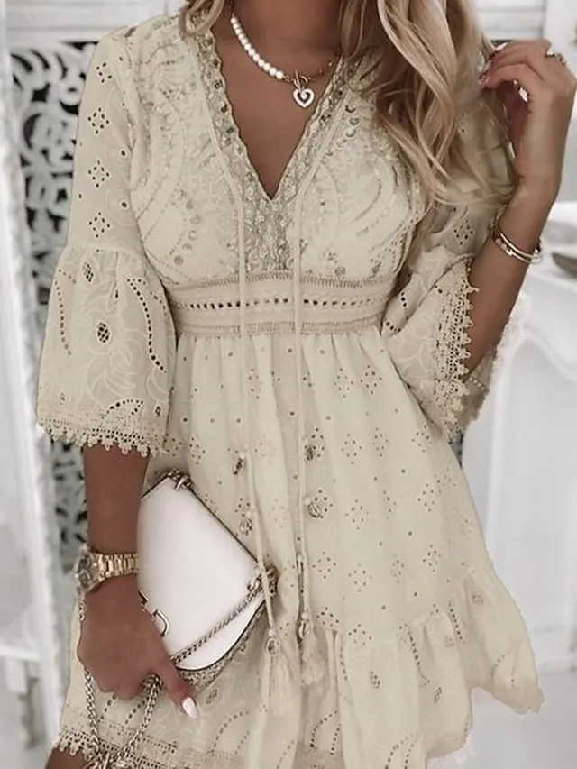 Women‘s Party Dress Casual Dress Lace Dress Mini Dress White Beige 3/4 Length Sleeve Embroidery Ruched Summer Spring Fall V Neck Fashion Wedding Summer Dress Office 2023 S M L XL 2XL 3XL