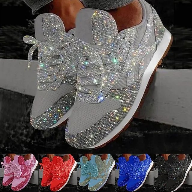 Women's Trainers Athletic Shoes Sneakers Sequins Plus Size Bling Bling Sneakers Outdoor Daily Summer Sequin Platform Flat Heel Round Toe Sporty Classic Casual Tennis Shoes Walking Mesh Lace-up Color