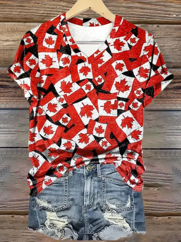 Women's Retro Canadian Flag Print V-Neck T-Shirt