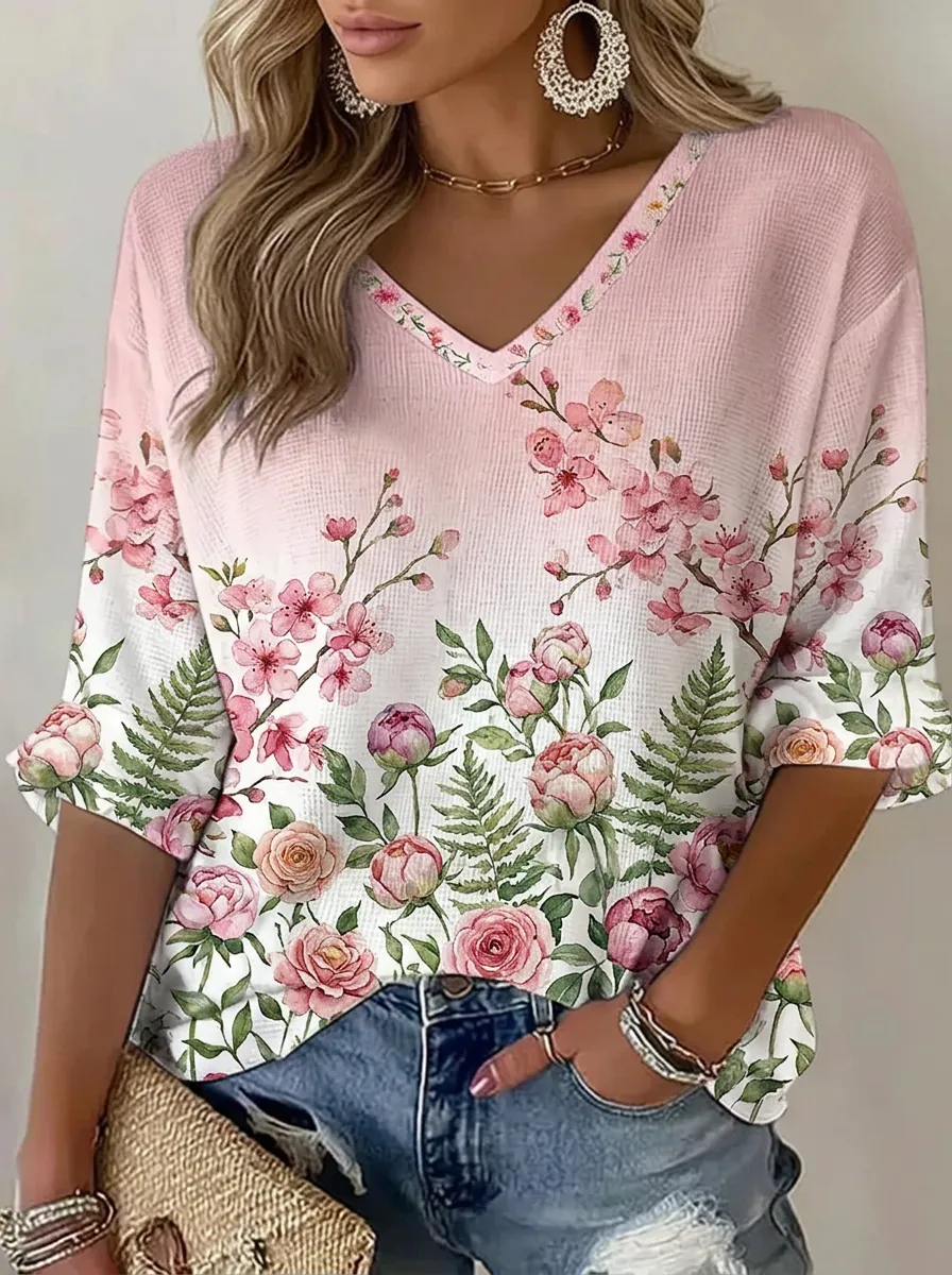 Women's Nashville Floral Botanical Printed V-Neck Top