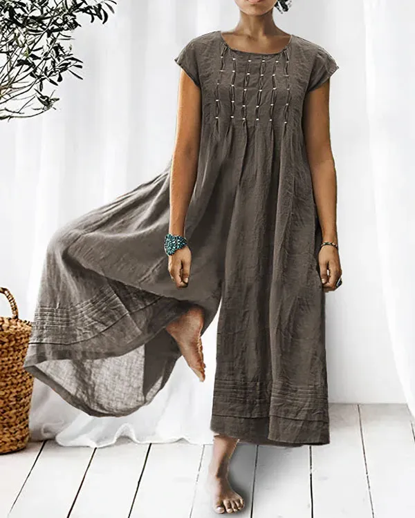 Solid Relaxed Loose Pleated Linen Jumpsuit (Gray/Navy/Orange/Green In Stock)