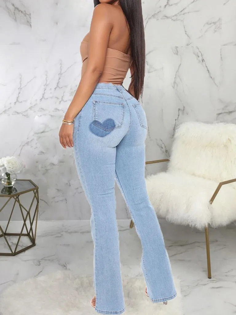 Solid Washed Denim Stretch Slim Flared Pants