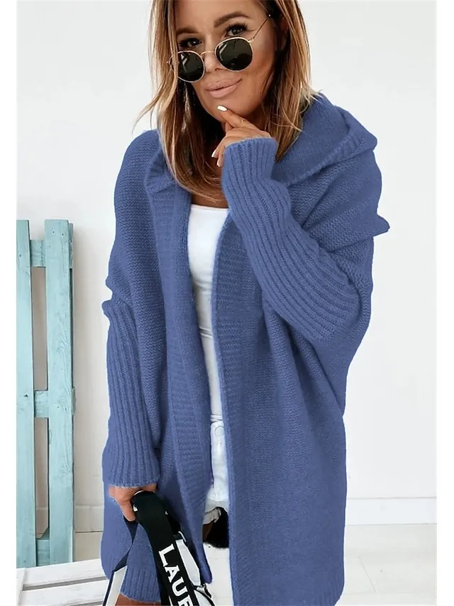 Women's Cardigan Hooded Solid Color Stylish Basic Casual Long Sleeve Loose Sweater Cardigans Hooded Open Front Fall Winter Denim Purple / Holiday / Going out