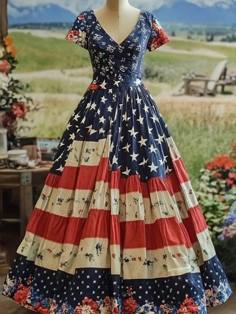 Women's Vintage Independence Day Flag Short Sleeve Casual Maxi Dress