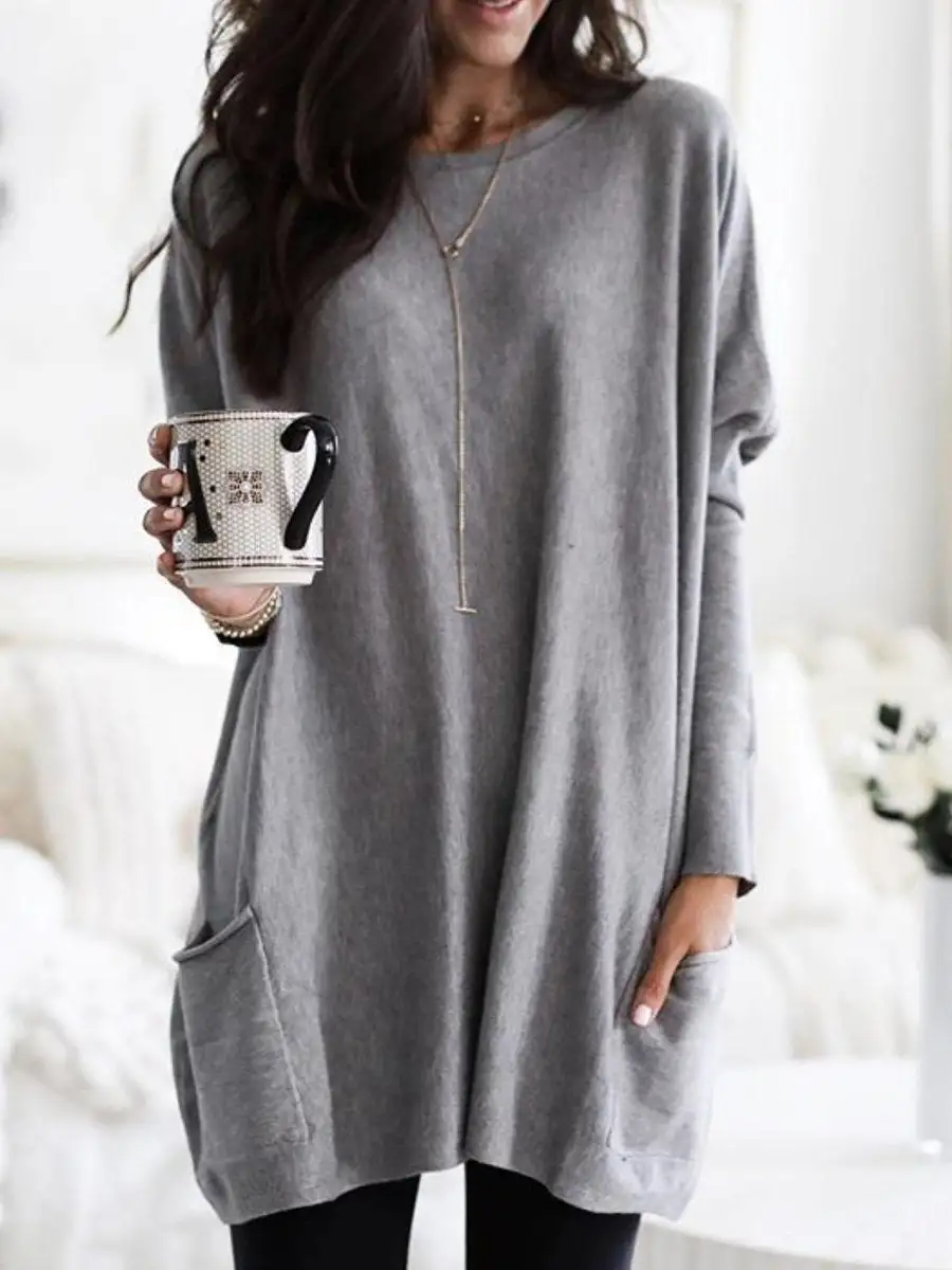 Casual Pocket Long Sleeve Round Neck T-Shirt