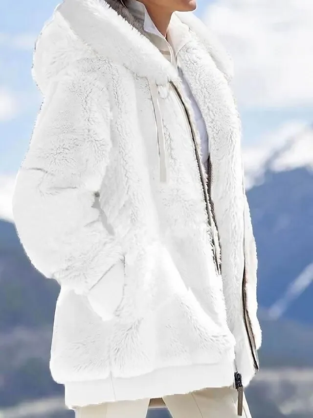 Women's Zip Hoodie Sweatshirt Fleece Jacket Pullover Sherpa Fleece Teddy Zipper Green Blue Purple Plain Round Neck Long Sleeve S M L XL 2XL 3XL / Winter / Fleece lined