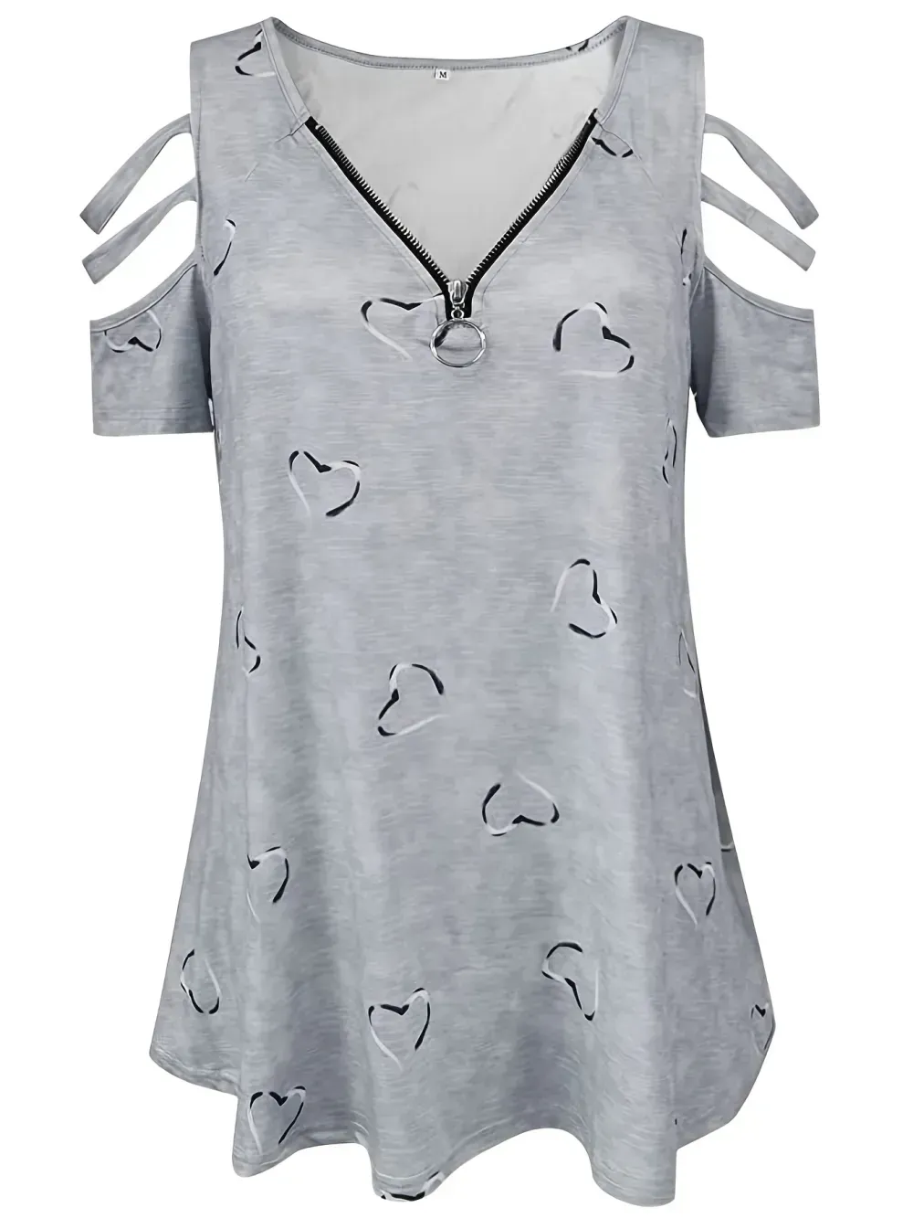 Plus Size Heart Print Zipper Short Sleeve Top, Women's Plus Slight Stretch V Neck Casual T-shirt