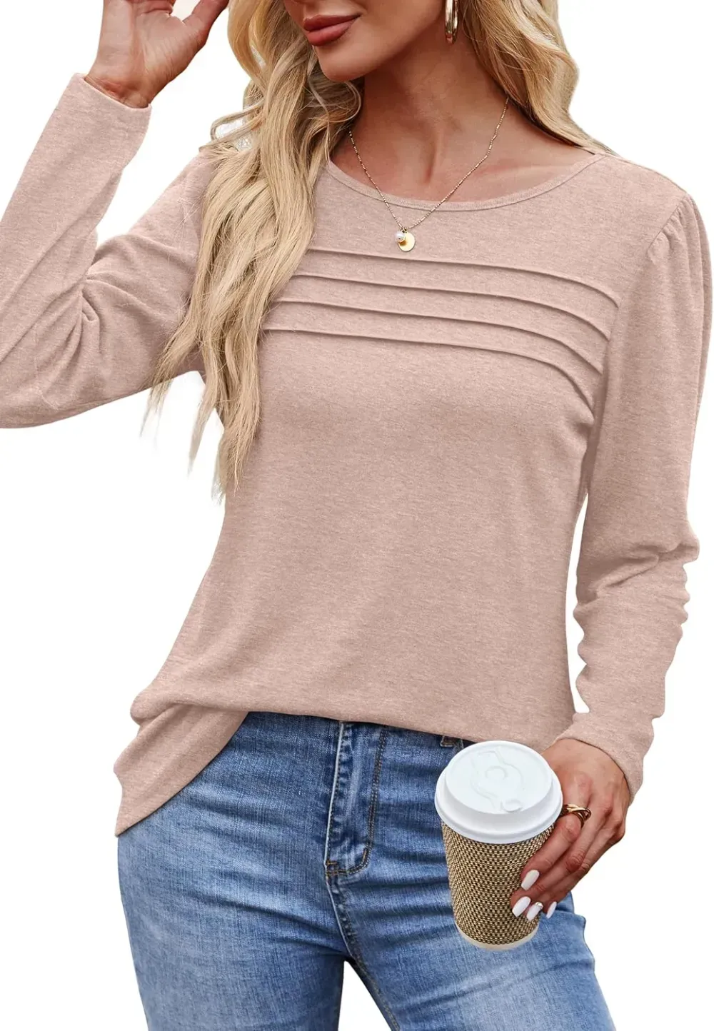 OFEEFAN Long Sleeve Shirts for Women Fall Fashion 2024 Dressy Casual Blouses Trendy Pleated Tunic Tops for Leggings