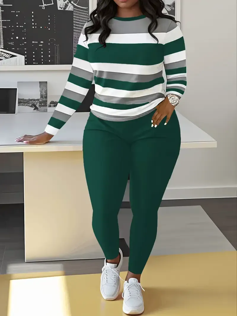 Slim Matching Two-piece Set, Casual Long Sleeve Crew Neck Striped Color Block T-shirt & Solid Elastic Waist Pants Outfit