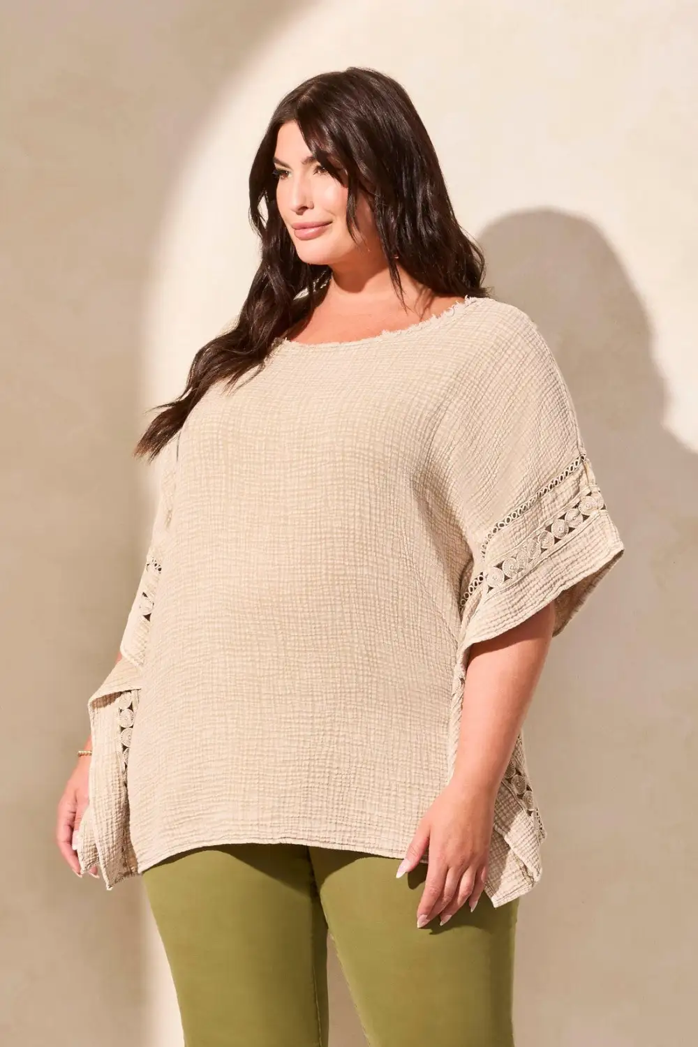 Vintage Wash Cotton Gauze Kaftan Blouse With Fancy Trim-Nudeolive