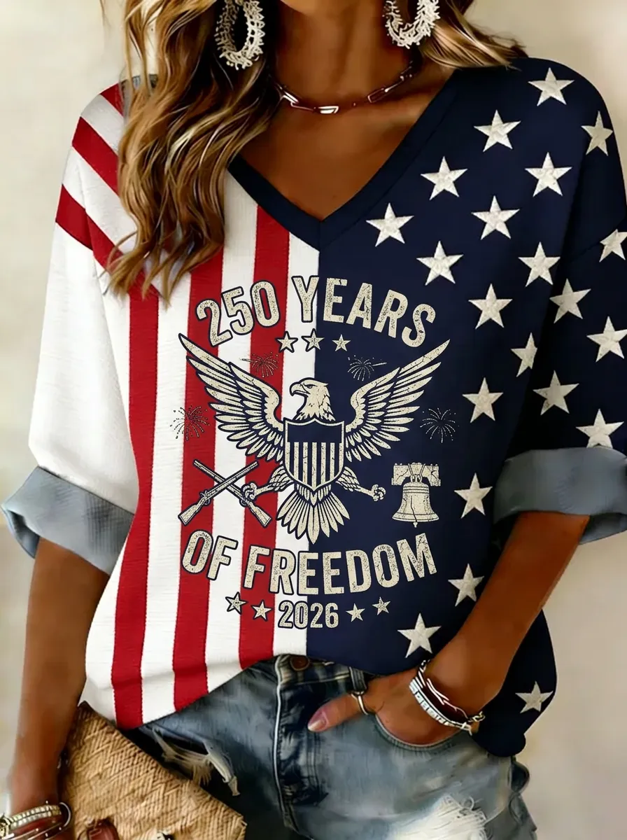 Women's USA Patriotic Eagle 250 Years Freedom Printed V-neck T-shirt
