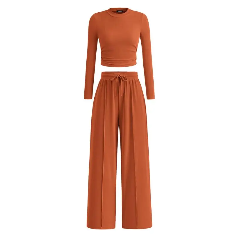 2-Piece Ribbed Knit Long Sleeve Crop Top Wide Leg Pants