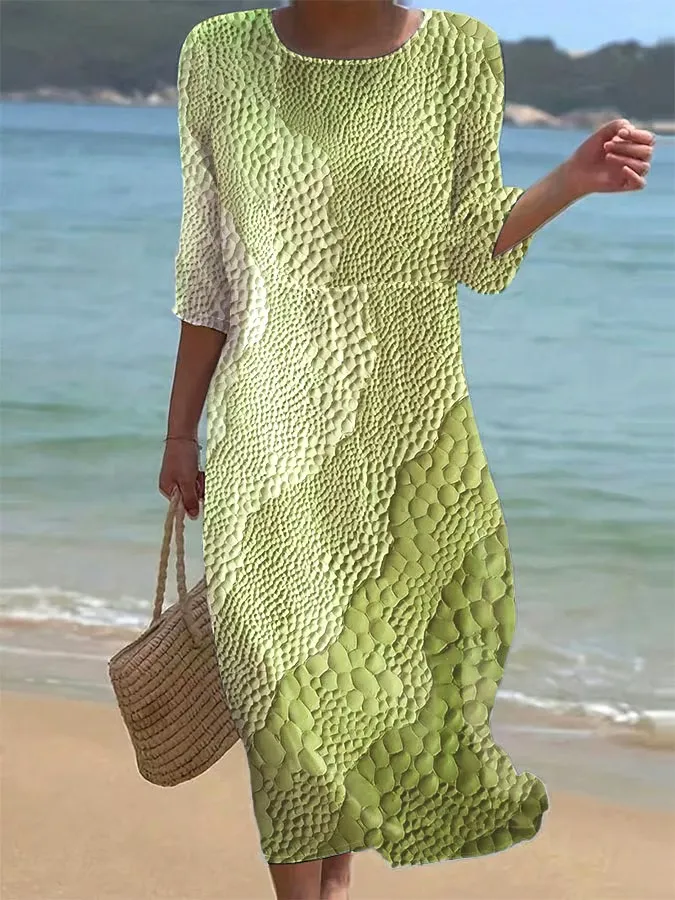 Women's Casual Round Neck Mid Sleeve Print Cotton and Linen Dress