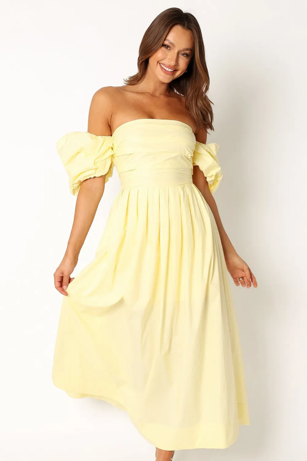 SOLANA OFF SHOULDER MIDI DRESS - BLUE