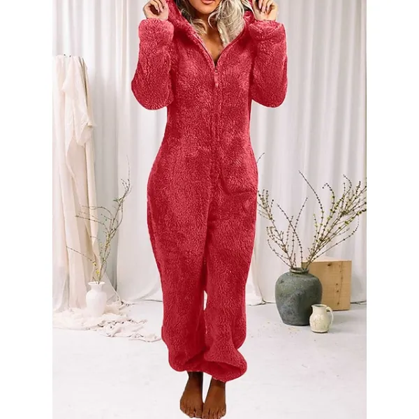 Women's Adult Onesies Onesie Pajamas Pure Color Plush Casual Comfort Home Daily Bed Polar Fleece Warm Hoodie Long Sleeve Fall Winter Light Pink claret