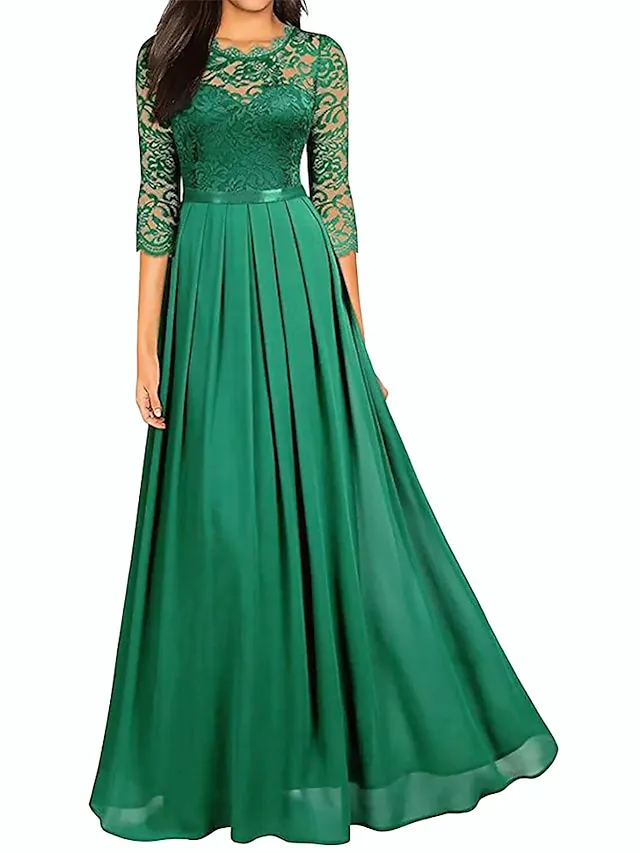 Women‘s Black Dress Prom Dress Black Lace Dress Party Dress Long Dress Maxi Dress Green 3/4 Length Sleeve Spring Fall Crew Neck Fashion