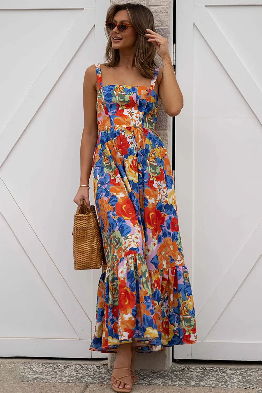 Square Neck Floral Pleated Maxi Dress